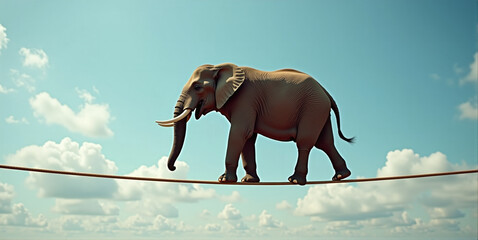 Obraz premium Big heavy elephant balancing on a rope, metaphorical concept about a difficult situation in life, tightrope act