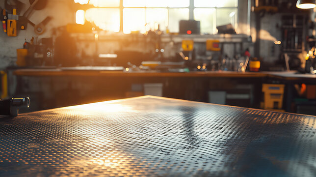 Sunlit blur mechanic workshop metal tabletop, countertop with tools, automotive store. Metal steel tabletop countertop with blur sunlit mechanic workshop store