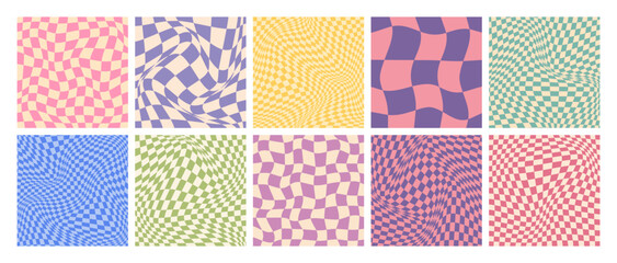 Groovy checkered pattern, colorful distorted tiled grid. Vintage wavy curved backdrop, distortion effect. Funky geometric chessboard texture, retro background in 90s style, y2k. Vector illustration