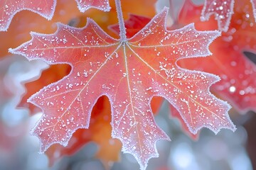 A close-up of a frosted orange maple leaf, showcasing delicate frost crystals on its edges, set against a soft, blurred winter background. The vibrant colors evoke a serene and chilly atmosphere.
