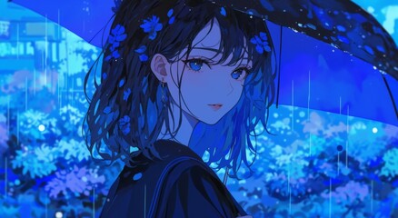 Fototapeta premium A melancholic anime girl holding an umbrella under a night sky, with blue raindrops falling on her face.
