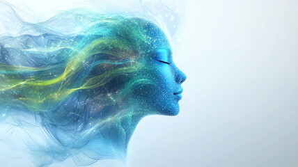 Glowing blue and green lines create an AI head on a bright white backdrop, featuring soft digital waves and light flares
