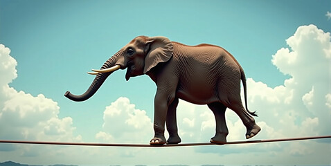 Obraz premium Big heavy elephant balancing on a rope, metaphorical concept about a difficult situation in life, tightrope act