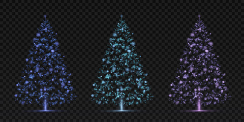 Christmas glowing trees with bright lights shine for new year and holiday design isolated on transparent background.