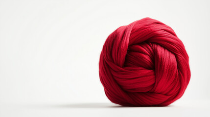 A ball of red wool on a white background, showcasing its soft texture and vibrant color, perfect for crafting or knitting projects.