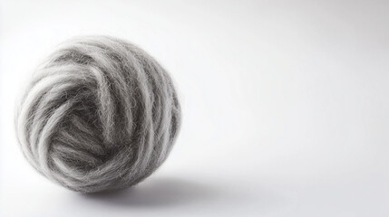  A ball of grey wool on a white background, highlighting its soft texture and neutral tone, ideal for knitting or crafting projects.