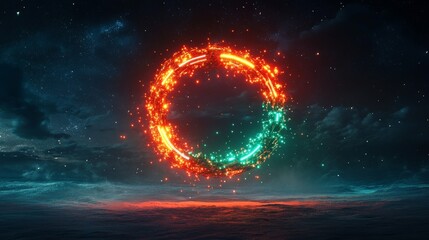Obraz premium A minimalistic Christmas wreath made from glowing neon rings and tubular LED lights in reds and greens, floating against a starry dark sky, surreal, digital painting
