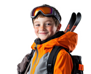 Cheerful young boy in ski gear smiles with his equipment before a snowy adventure