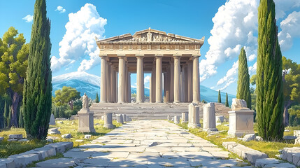 Ancient Greek Temple Ruins Scenic Wallpaper with Columns and Olive Trees Under Blue Sky