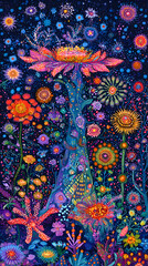 Vibrant Floral Wallpaper Design Featuring Colorful Botanical Illustrations in an Enchanted Garden Theme