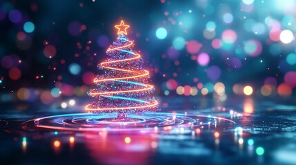 A futuristic Christmas tree adorned with holographic garlands, glowing in neon lights, set in a dark room, Sci-fi, Cyberpunk, Neon glow, Digital painting