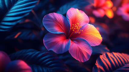 Vibrant Close-Up Photography of Illuminated Tropical Hibiscus Flower with Bold Colors