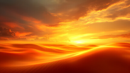 Fototapeta premium Tranquil Desert Sunset with Dramatic Clouds and Golden Light over Sand Dunes