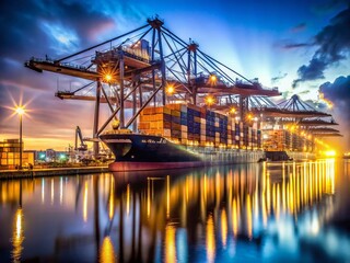 Long Exposure of Containers Being Unloaded from a Cargo Ship in the Deurganckdok Port of Antwerp at Night with Vibrant Lights and Dynamic Movement of Cranes and Equipment
