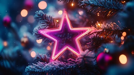 A glowing neon Christmas star at the top of a snow-dusted tree, surrounded by ornaments that radiate pink and purple pulses, fiber-optic lights trailing down the branches