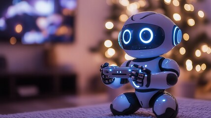 A playful robot with LED eyes enjoying a gaming session in a cozy living room with a vibrant Christmas tree in the background