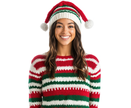 A cheerful person wears a festive sweater and hat against a white background during winter
