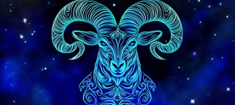 Neon Zodiac Ambitious Capricorn, Glowing Ram Symbol of Determination on a Cosmic Background