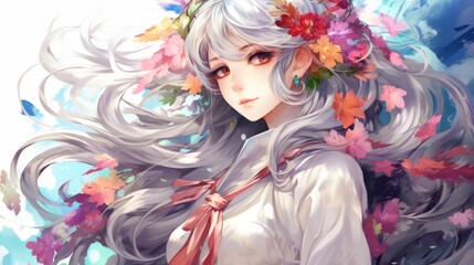 Anime-style digital illustration of a young woman with long silver hair and pink eyes, wearing white robes with colorful ribbons flowing like iridescent clouds
