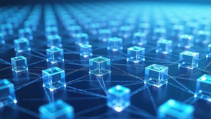 Obraz premium Exploring a digital network of interconnected transparent cubes creating a futuristic data landscape