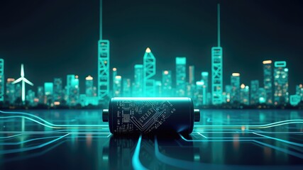 A futuristic city skyline powered by advanced technology with a glowing battery symbolizing innovation and sustainability at its core