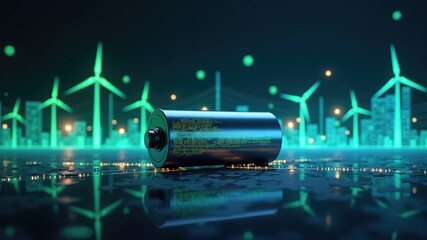 Innovative battery technology set against a backdrop of wind turbines and a futuristic city under a starry night sky