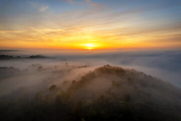 Der Tag startet mit dichtem Nebel über einem Wald bei Sonnenaufgang