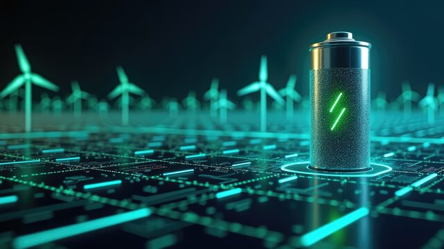 Innovative energy storage concept featuring a glowing battery amidst a futuristic landscape with wind turbines and digital circuits