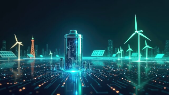 A futuristic cityscape showcasing renewable energy sources and a glowing battery at the center of sleek architecture and digital circuits