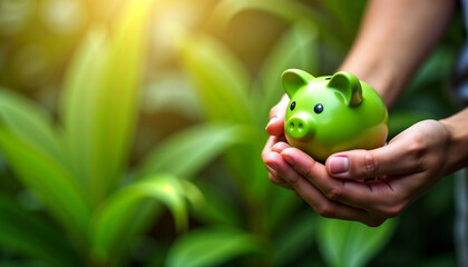 A hand holding a green piggy bank, symbolizing savings and financial growth, with a natural green background. The image suggests concepts of investment, economy, and money management.

