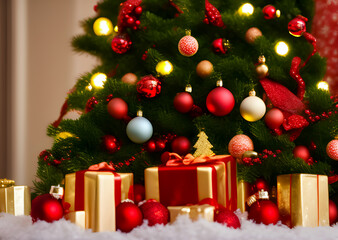 christmas tree decorated ornament with bokeh background copy space