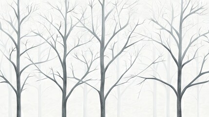   A group of barren trees in front of a hazy sky with a bench in the background