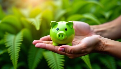 A hand holding a green piggy bank, symbolizing savings and financial growth, with a natural green background. The image suggests concepts of investment, economy, and money management.

