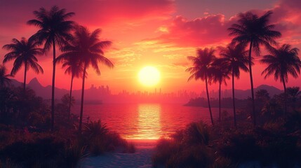 A fiery sunset over a tropical beach with palm trees silhouetted against the sky.