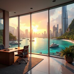 Fototapeta premium A serene office overlooking the bustling cityscape during a vibrant sunset with boats gliding across the tranquil waters