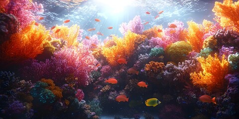 Fototapeta premium An underwater scene featuring vibrant coral reefs in various colors with tropical fish swimming among them, creating a peaceful and lively marine environment.