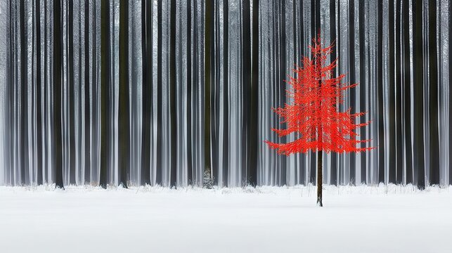   A red tree stands in snow before a forest of tall, thin, snow-covered trees