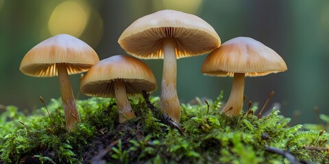 Fototapeta premium A cluster of four golden-brown mushrooms grows gracefully on a mossy forest floor, surrounded by soft bokeh lighting that enhances the serene woodland atmosphere.