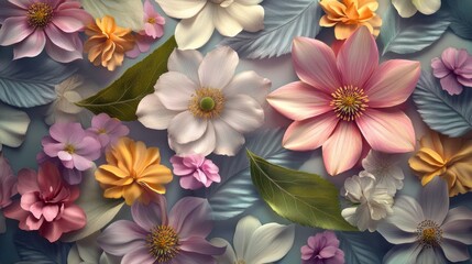 A vibrant array of colorful flowers and leaves creating a stunning floral display.