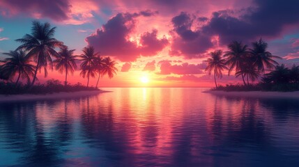 A tropical sunset over a calm ocean with palm trees silhouetted against the vibrant sky.