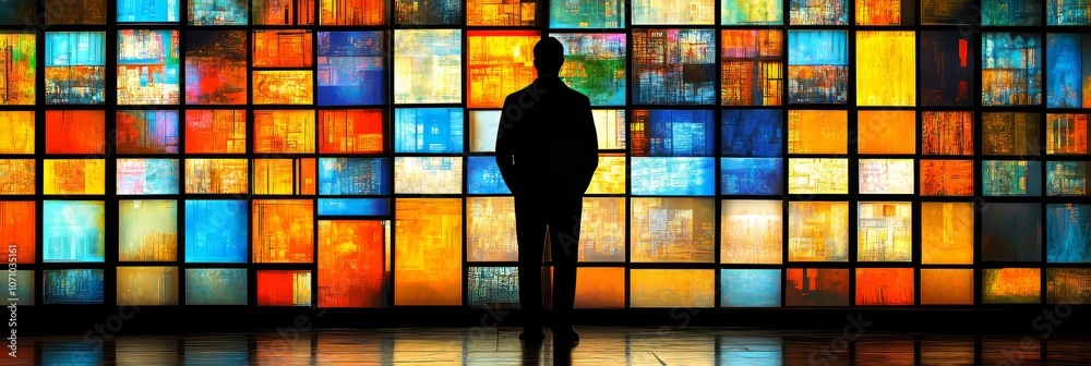 Poster silhouette of a man standing in front of a large video wall displaying various images and data