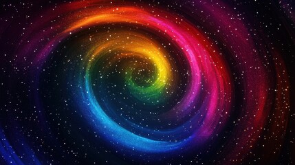 A vibrant, swirling galaxy with a spectrum of colors including red, orange, yellow, green, blue, and purple.