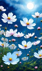 Stunning floral landscape with cosmos flowers under bright sky. Rich hues of pink, yellow, white contrast beautifully with azure backdrop, evoking serene, uplifting atmosphere perfect for any setting.