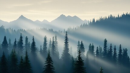 Obraz premium A dense forest of tall pine trees stands under a misty sky, with sunlight filtering through the foliage