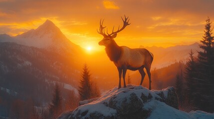 Fototapeta premium A majestic deer stands on a snowy mountaintop, silhouetted against a vibrant orange sunset.