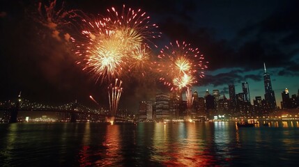 Fireworks exploding over new york city skyline and brooklyn bridge at night