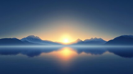 Serene sunrise over tranquil mountains, reflecting beautifully on still waters, creating a peaceful and calming atmosphere.