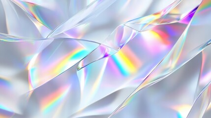 Abstract composition of translucent, crinkled material reflecting rainbow colors.