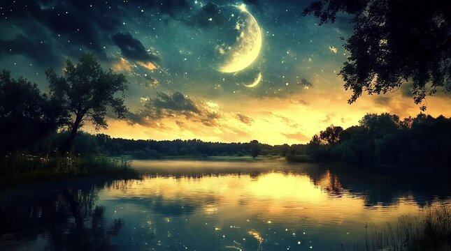 Mystical lake in a fantasy forest with a half moon shining brightly in the night sky
Seamless looping 4k time-lapse virtual video animation Generated AI