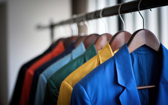 Colorful row of cotton suits hanging on wooden hangers, arranged in a bright and stylish wardrobe, showcasing modern fashion and a vibrant color palette